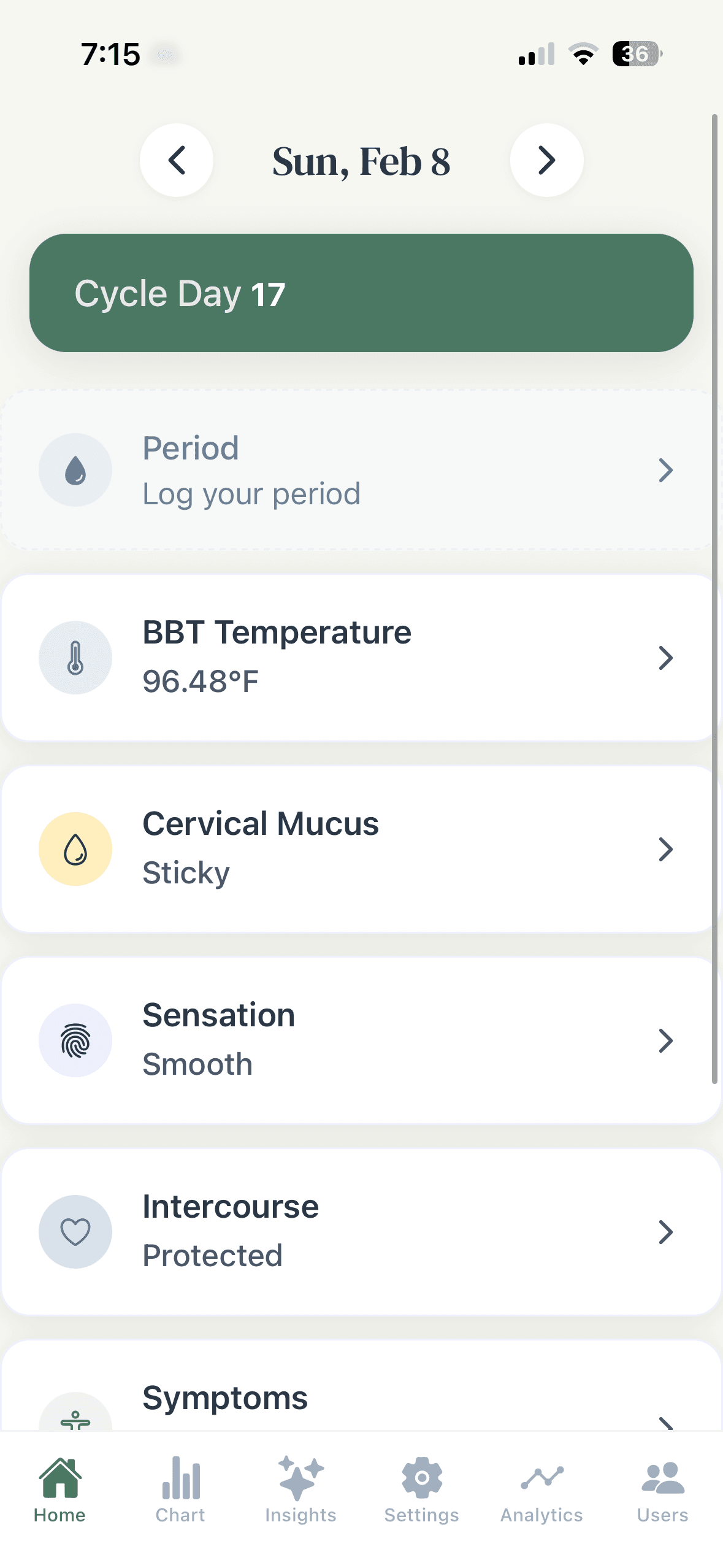 LadyData home dashboard